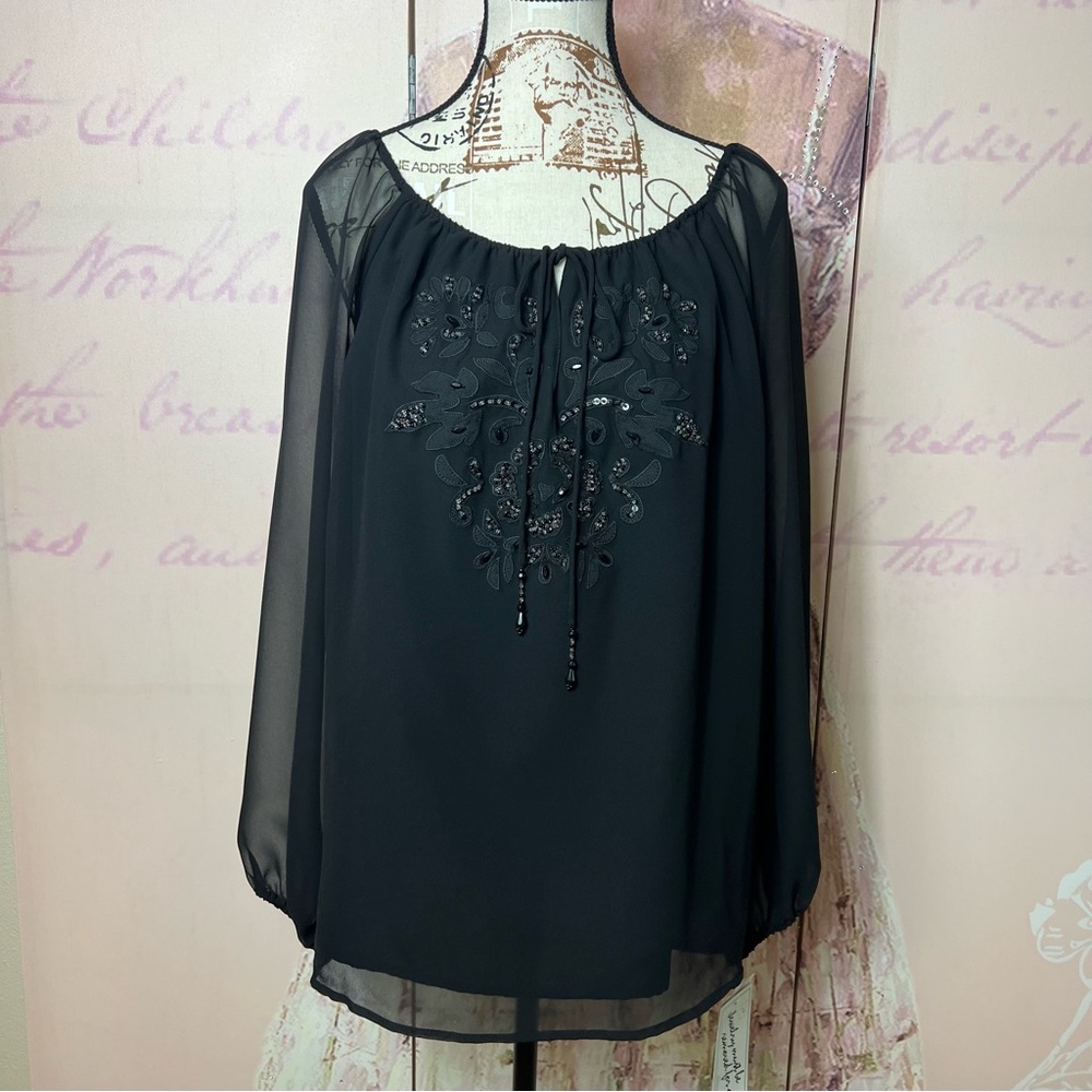 Peter Nygard Dressy Black Chiffon Blouse with beading Size 10 MSRP $99 NWT
